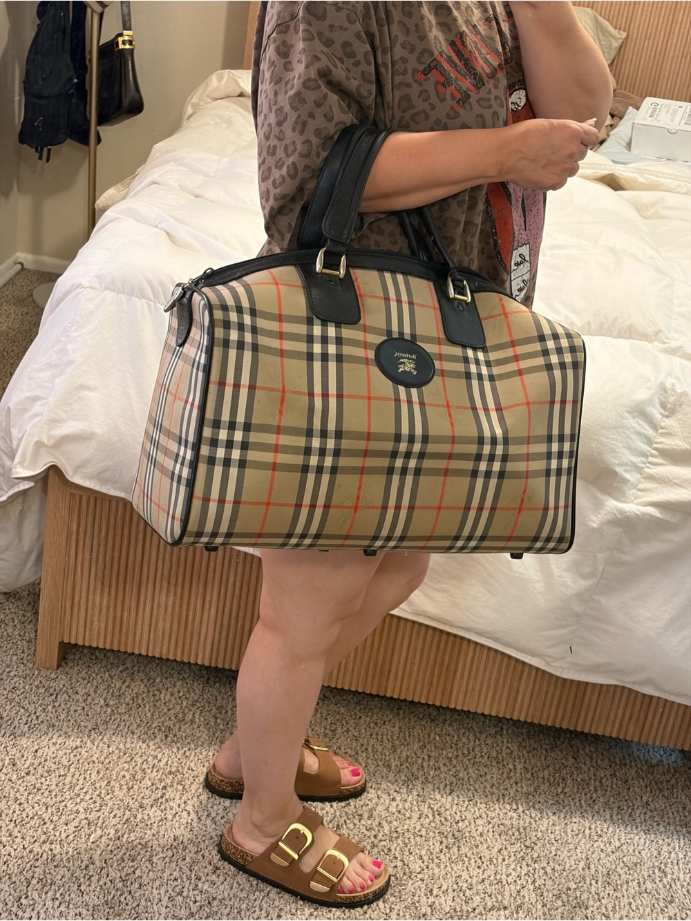 Burberry Beige Plaid Travel Bag with Black Trim